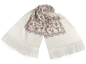 Velký teplý šátek / pléd vyšívaný s třásněmi, typu kašmír 68x165 cm - 1 ks - 1 krémová nejsvět.