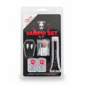 Vampír set – upíří zuby, termoplastické kuličky, umělá krev a čočky
