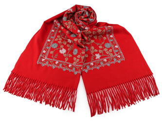 Velký teplý šátek / pléd vyšívaný s třásněmi, typu kašmír 68x165 cm - 1 ks - 3 červená