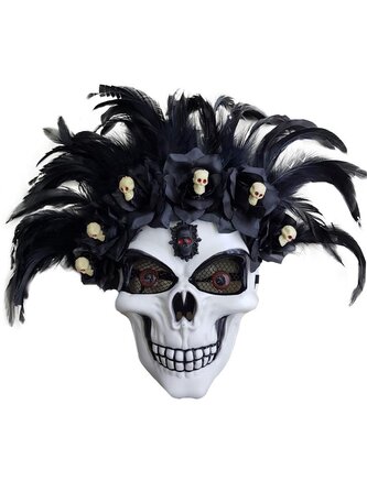 Halloween maska lebky s peřím a květinami