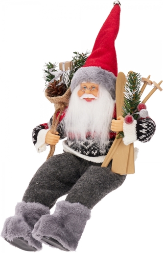 Sedící Santa s pytlem dárků a lyžemi 30 cm