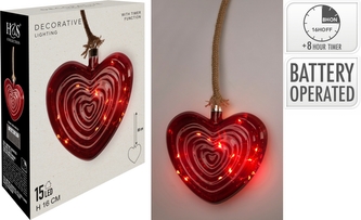 Skleněná LED červené srdce na pověšení s časovačem, 16 cm