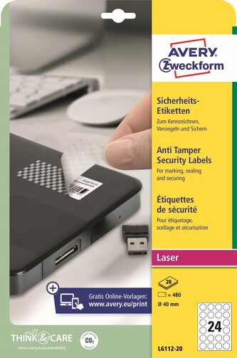 Avery Zweckform L6112-20 Bezpečnostní PET VOID etikety Ø 40 mm, bílé Avery Zweckform L6112-20 Bezpečnostní PET VOID etikety Ø 40 mm, bílé