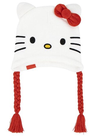 Dětská zimní čepice s copánky Hello Kitty: Kitty s červenou mašlí (univerzální)