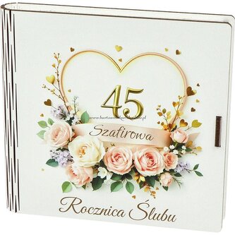 Pudełko drewniane z książeczką 45 rocznica ślubu (15x15x2cm)