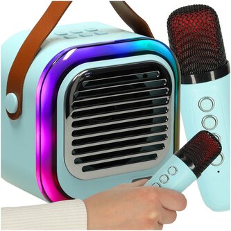 Karaoke Bluetooth reproduktor 10 W, 2x bezdrátový mikrofon, modrá