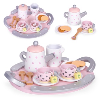 Dětská dřevěná čajová sada s šálky a  konvičkou,15 dílů; bílá, šedá; dřevo, MDF