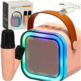 Karaoke set - 2 mikrofony Bluetooth reproduktor USB LED růžový