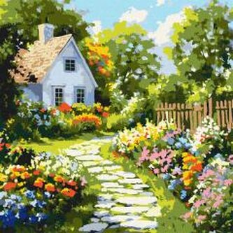 Malowanie po numerach - Kwiaty w pobliżu chaty