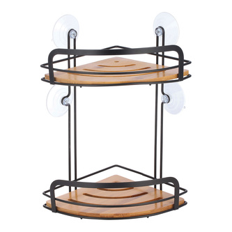 MSV rohová polička s přísavkami HIKO, do koupelny, 2 patra, černá, ocel, bambus