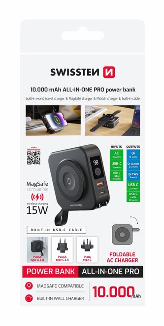 SWISSTEN  POWER BANK ALL-IN-ONE PRO S VÝMĚNNÝMI VIDLICEMI (USA, EU, UK) 10000 mAh 20W ČERNÁ
