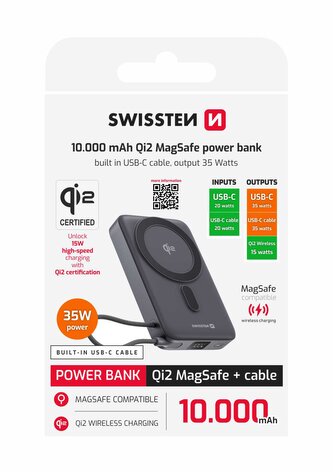 SWISSTEN POWER BANK MagSafe Qi2 15W, 10000 mAh S INTEGROVANÝM KABELEM USB-C ČERNÁ