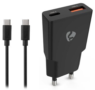 NEDIS síťová nabíječka/ 20 W/ PD 3.0/ rychlé nabíjení/ 1.5 / 2.0 / 2.22 / 3.0 A/ USB-A/ USB-C/ černá/ kabel 1,5m