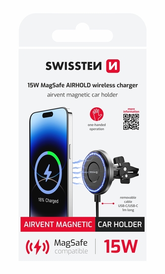 SWISSTEN MAGNETICKÝ DRŽÁK DO VENTILACE AUTA AIRHOLD S BEZDRÁTOVÝM NABÍJENÍM 15W / 7,5W (kompatibilní s MagSafe)