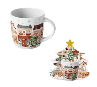 Porcelánový hrnek VÁNOČNÍ MĚSTO 2, 400 ml v papírovém košíku ve tvaru stromečku