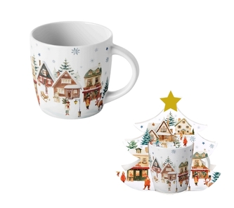 Porcelánový hrnek VÁNOČNÍ VESNICE 400 ml v papírovém košíku ve tvaru stromečku