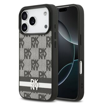 DKNY PU Leather Checkered Pattern and Stripe Zadní Kryt pro iPhone 17 Pro Black