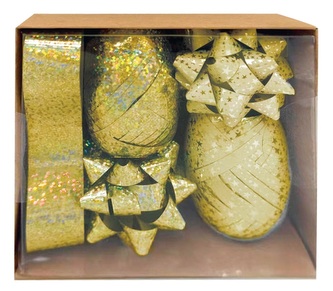 Sada na balení dárků zlatá, rozeta 5 x 2 x 5 cm 4 ks, stuha 0,5 cm x 10 m 2 ks, stuha 2 cm x 2 m