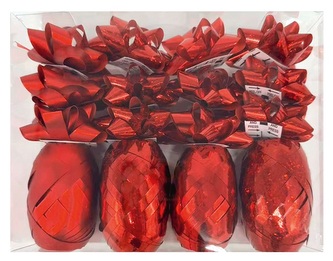 Sada na balení dárků červená, rozeta 5 x 2 x 5 cm 12 ks, stuha 0,5 cm x 10 m 4 ks