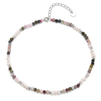 AU4022 Náramek na kotník přírodní Turmalín a perličky, stříbro AG925