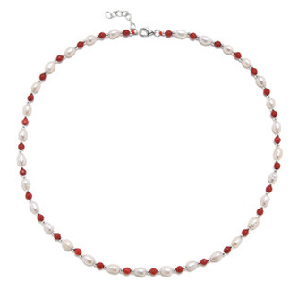 AU1003 Náhrdelník přírodní Korál a perly, stříbro AG925