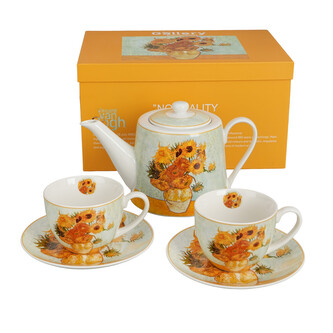 Zestaw dzbanek z zaparzaczem ze stali nierdzewnej i 2 filiżanki ze spodkami SUNFLOWERS inspired by Van Gogh