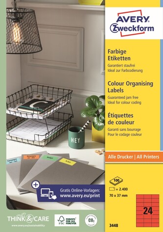 Avery Zweckform 3448 Barevné etikety 70x37 mm, červené