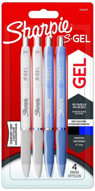 Długopis S-Gel białe i szarobłękinte, wkłady: 2 niebieski i 2 czarne. blister 4 szt., Sharpie