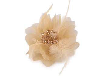 Brož se skleněnými broušenými korálky a peřím - 1 ks - 2 krémová