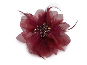 Brož se skleněnými broušenými korálky a peřím - 1 ks - 5 bordó