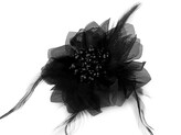Brož se skleněnými broušenými korálky a peřím - 1 ks - 4 černá