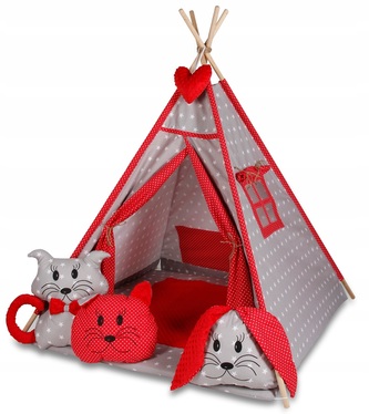 Stan pro děti týpí s velkou výbavou - šedý, červený; 100 % bavlna