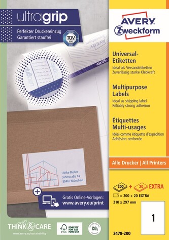Avery Zweckform 3478-200 Samolepicí etikety A4 210×297 mm, bílé