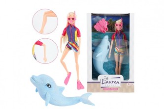 Panenka potápěčka kloubová plast 30 cm s delfínem a doplňky v krabici