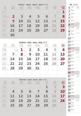 Kalendář nástěnný 2018 - 3měsíční/šedý s poznámkami a jmenným kalendáriem