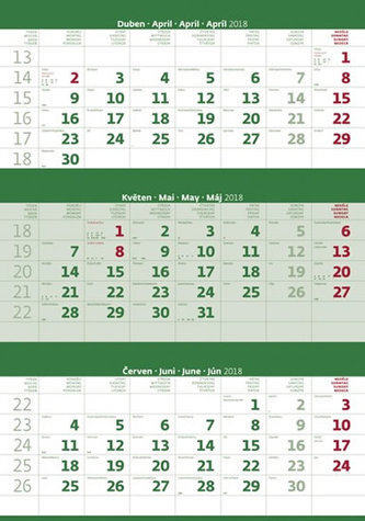 Kalendář nástěnný 2018 - 3měsíční/zelený s jmenným kalendáriem