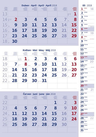 Kalendář nástěnný 2018 - 3měsíční/modrý s poznámkami a jmenným kalendáriem