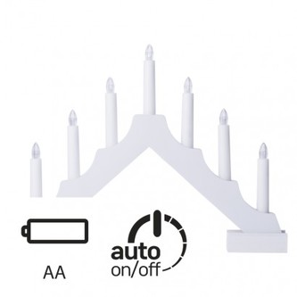 LED svícen bílý, 35×29cm, 2× AA, vnitřní, teplá bílá, časov.