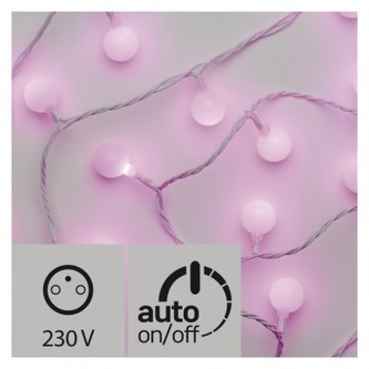 LED světelný cherry řetěz – kuličky 2,5cm, 4m, růžová, čas.