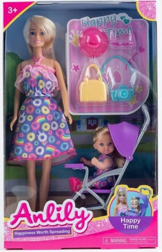 Lalka Anlily 30 cm z dzieckiem w wózku + akcesoria