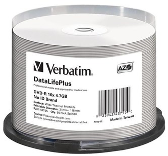 VERBATIM DVD-R(50-Pack)/Spindle/16X/4.7GB/DataLife Plus Wide Thermal Professional  No ID Brand
