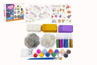 Malování na kameny/oblázky svítící ve tmě s barvami se štětci s doplňky v krabičce 20x15x5cm