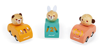 Janod DISPLEJ Dřevěné auto se setrvačníkem 3 motivy 1 ks