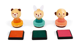 Janod DISPLEJ Dřevěná razítka s poduškou 3 motivy 24 ks