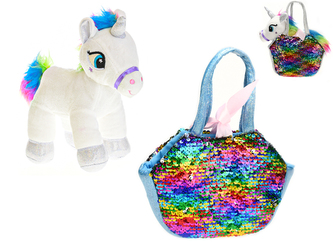 Jednorožec plyšový bílý 19cm s kabelkou s flitry 18x15cm