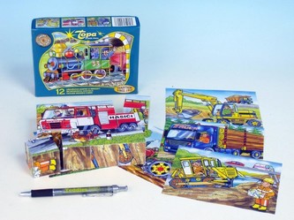 Kostky kubus Dopravní prostředky dřevo 12ks v krabičce 16,5x12x4cm