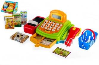 Pokladna digitální plast 26cm s doplňky na baterie se zvukem se světlem v krabici 28x19x20cm