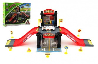 Garáž/Dráha s autem + doplňky plast 23ks v krabici 30x24x5cm