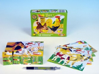 Kostky kubus Domácí zvířátka dřevo 12ks v krabičce 16,5x12x4cm