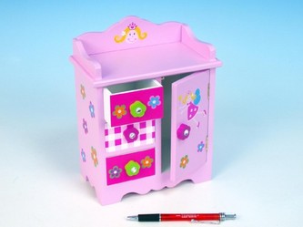 Skříňka šperkovnice růžová 3 zásuvky 1 dveře dřevo 17,5x22,5x10cm v krabici